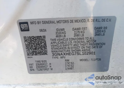 2025 Chevrolet Equinox Fwd Lt из США, поврежденный, VIN 3GNAXHEG7SL102901